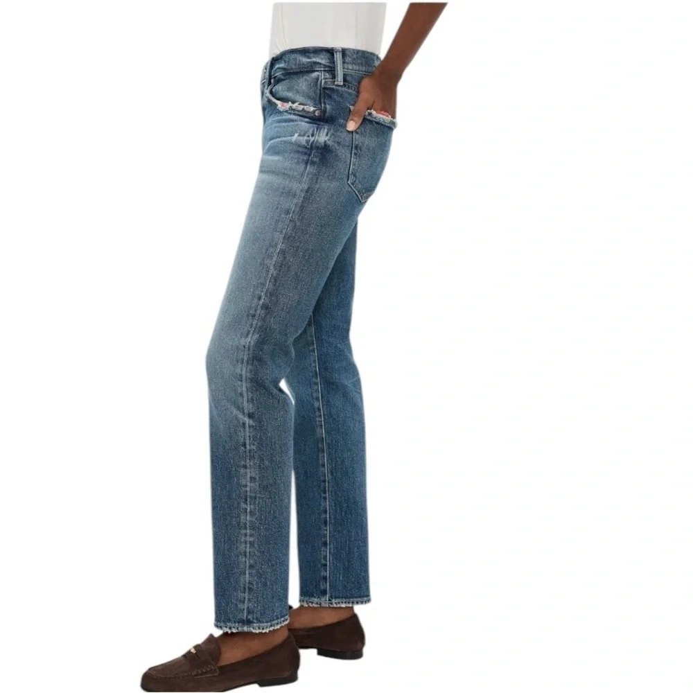 MOUSSY VINTAGE Women's Distressed Howa Jeans Raw Hem Button Fly Straight Blue 27